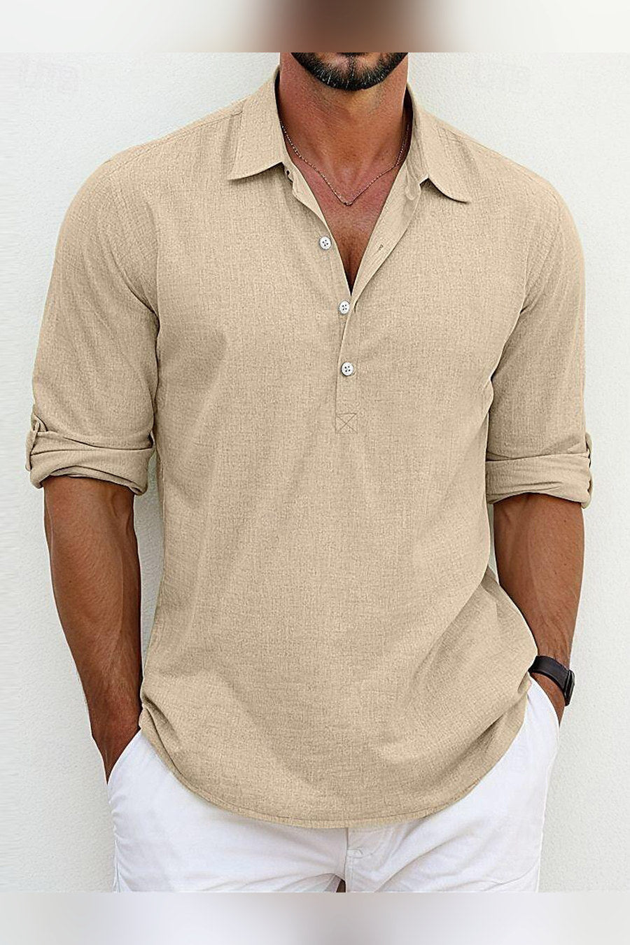 Camisa de lino de corte clásico en caqui