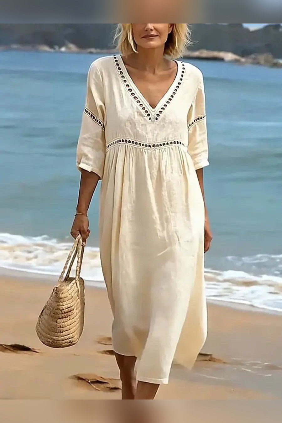 Vestido de algodón con escote de pico en caqui