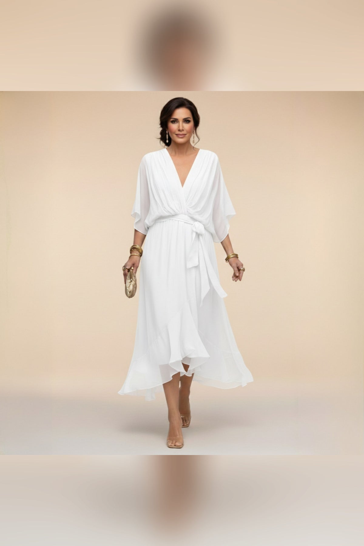 Vestido midi con cintura ajustable en blanco
