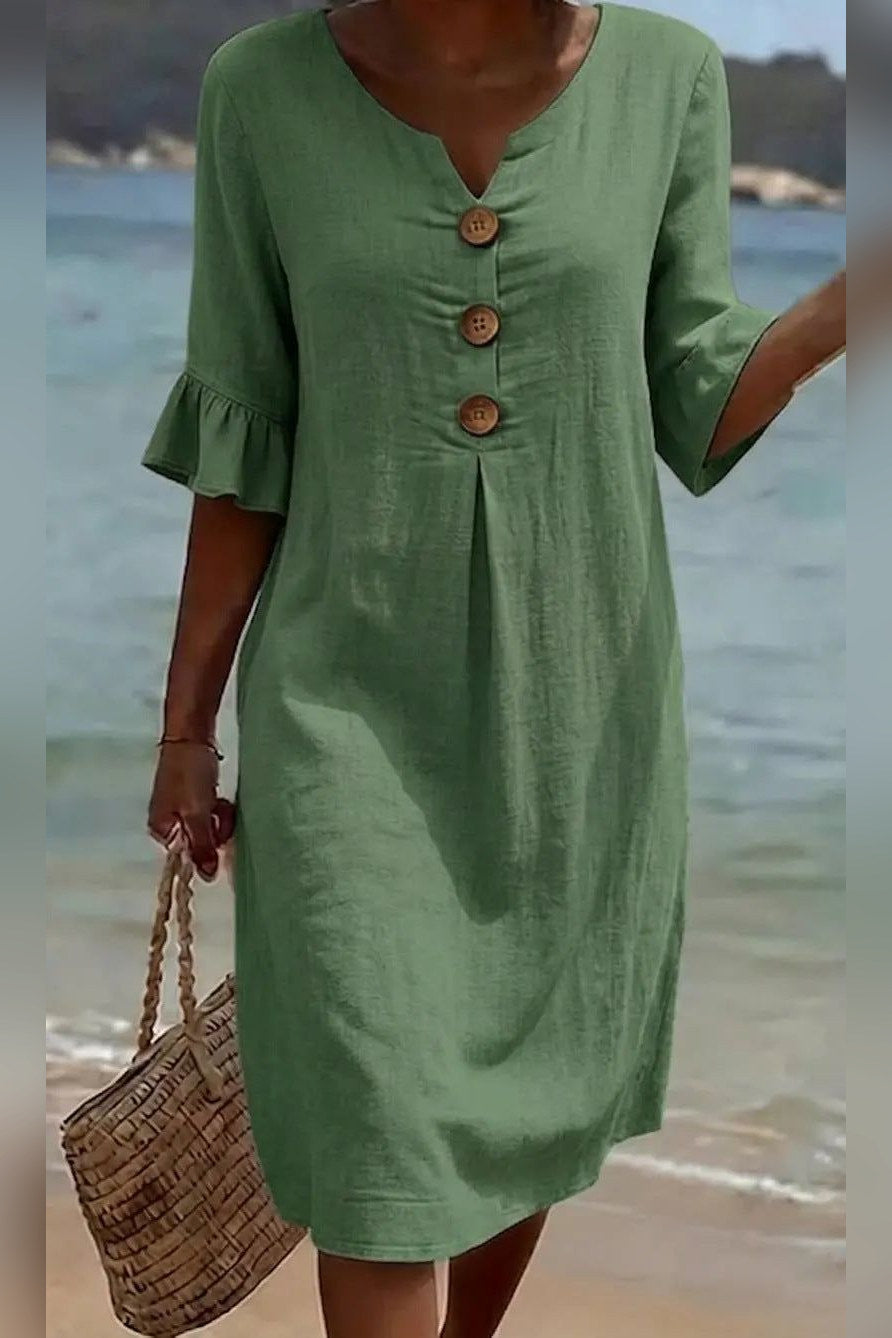 Vestido de algodón y lino abotonado en verde