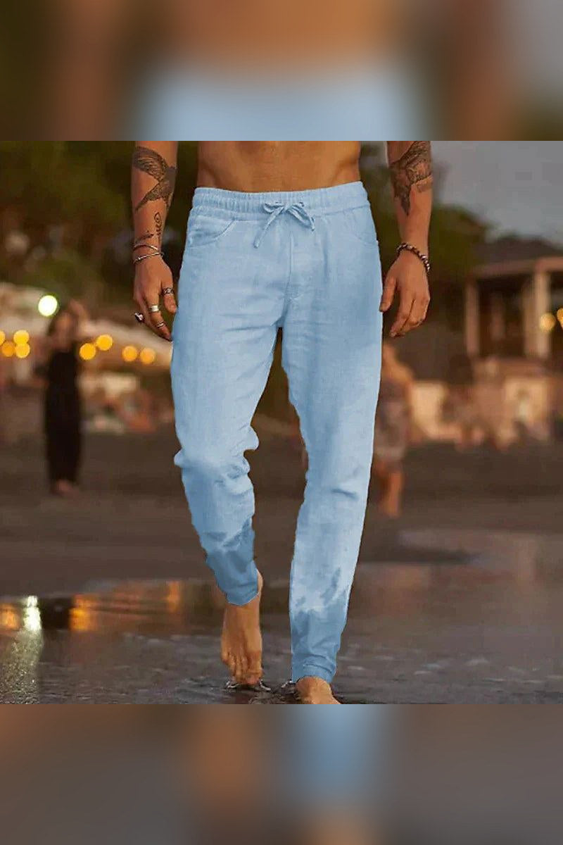 Pantalón de lino de playa en azul claro
