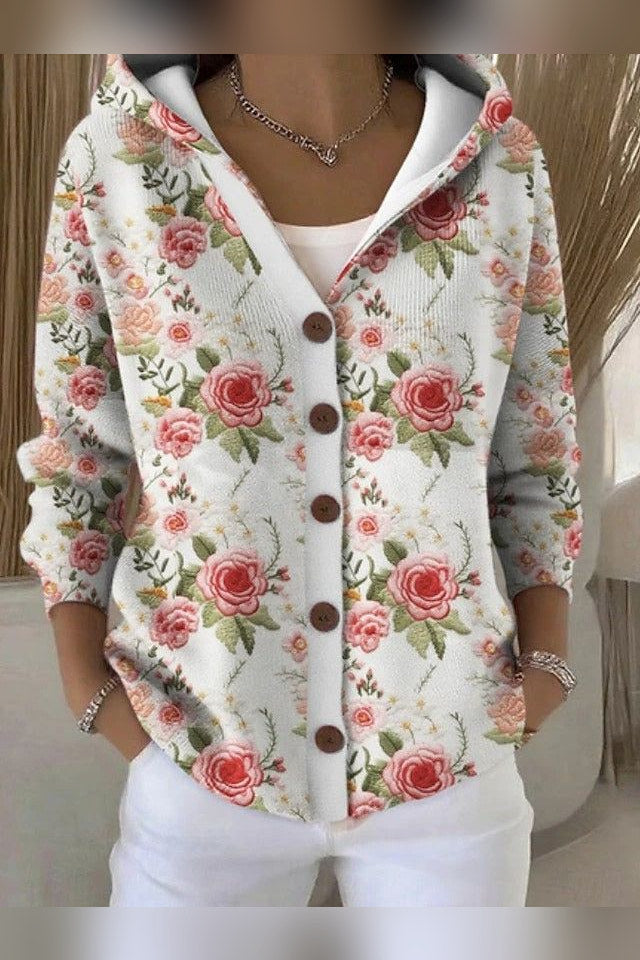 Chaqueta de punto estampada con capucha en rosa