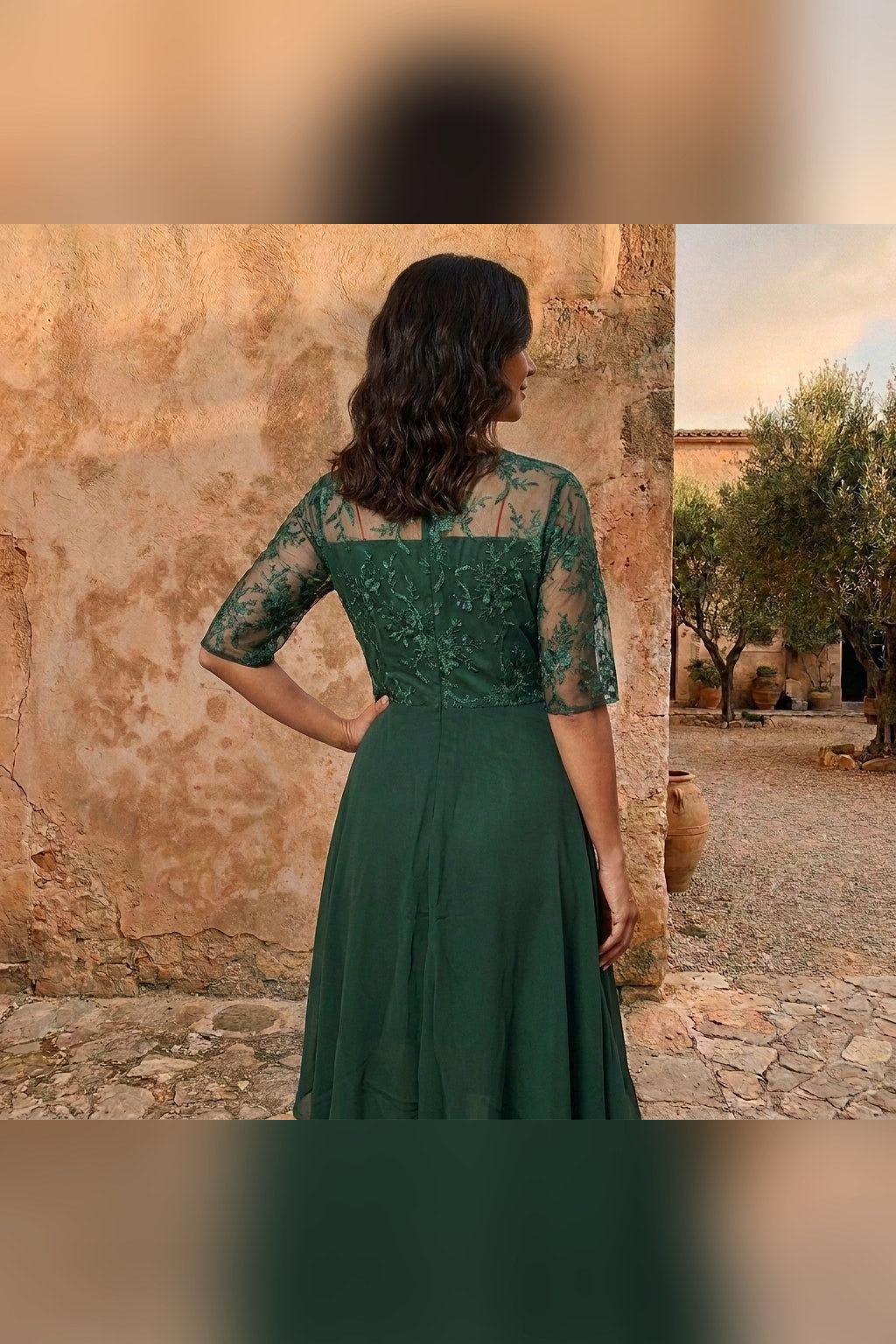 Vestido de gasa de manga larga en verde
