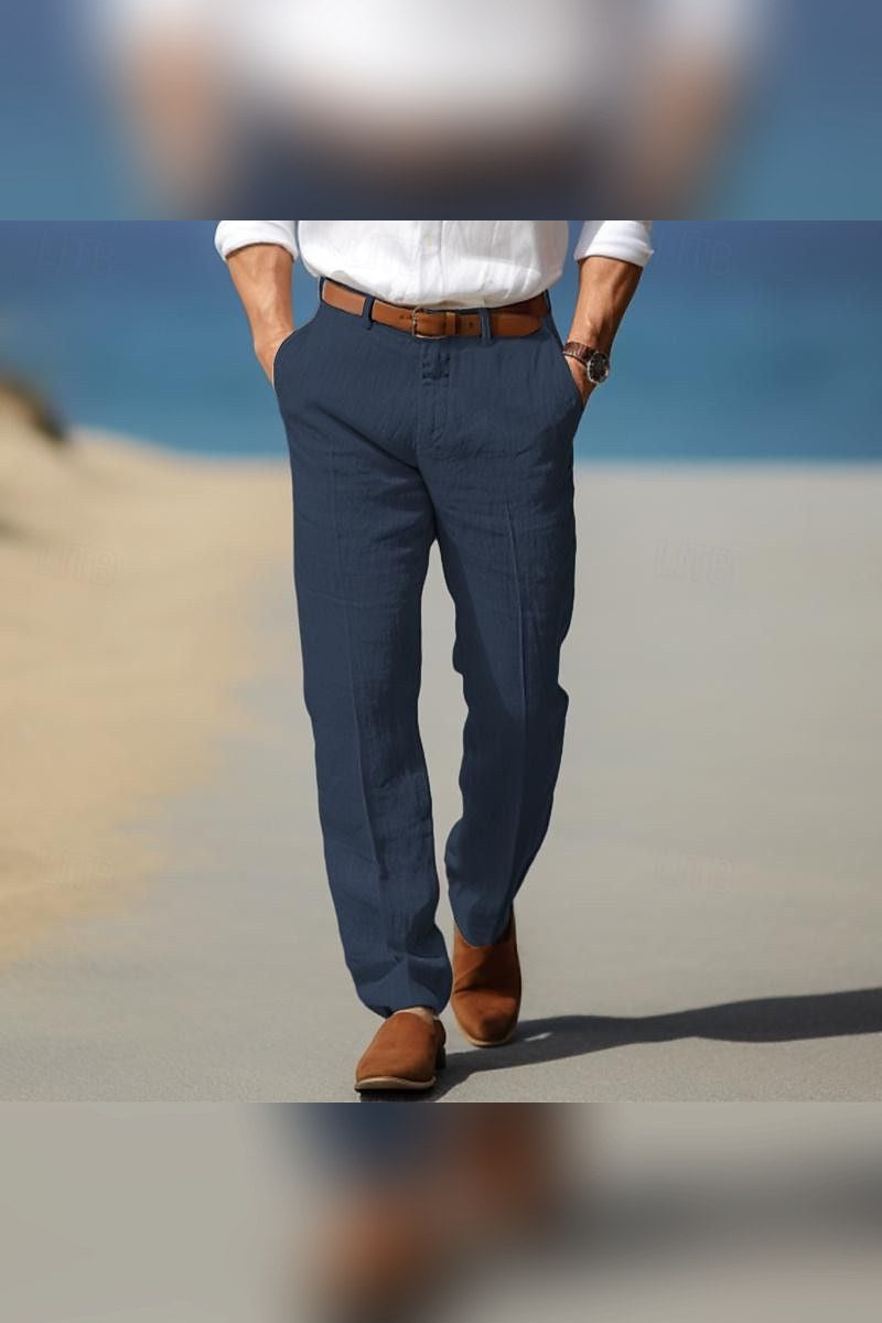 Pantalón de lino con trabillas en azul marino