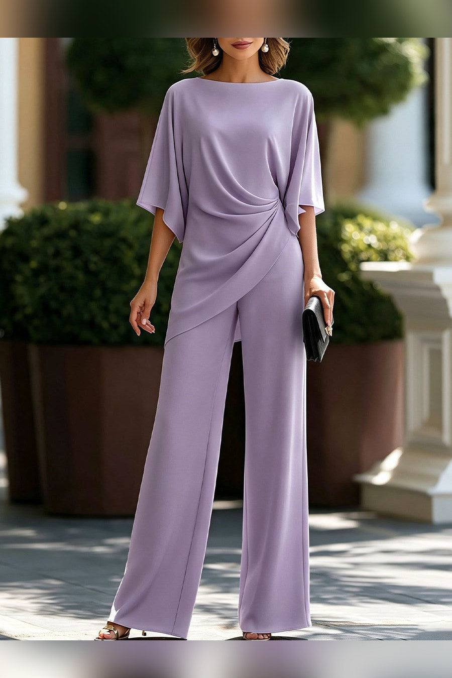 Conjunto de blusa drapeada y pantalón ancho en lavanda