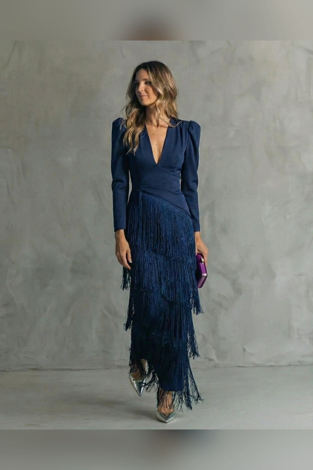 Vestido midi con flecos en azul
