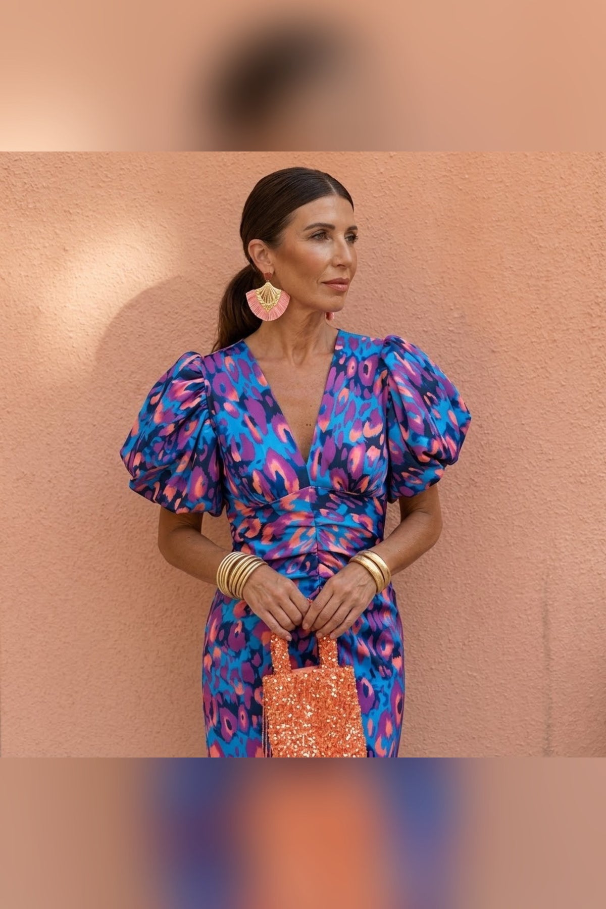 Vestido de manga abullonada en violeta/azul