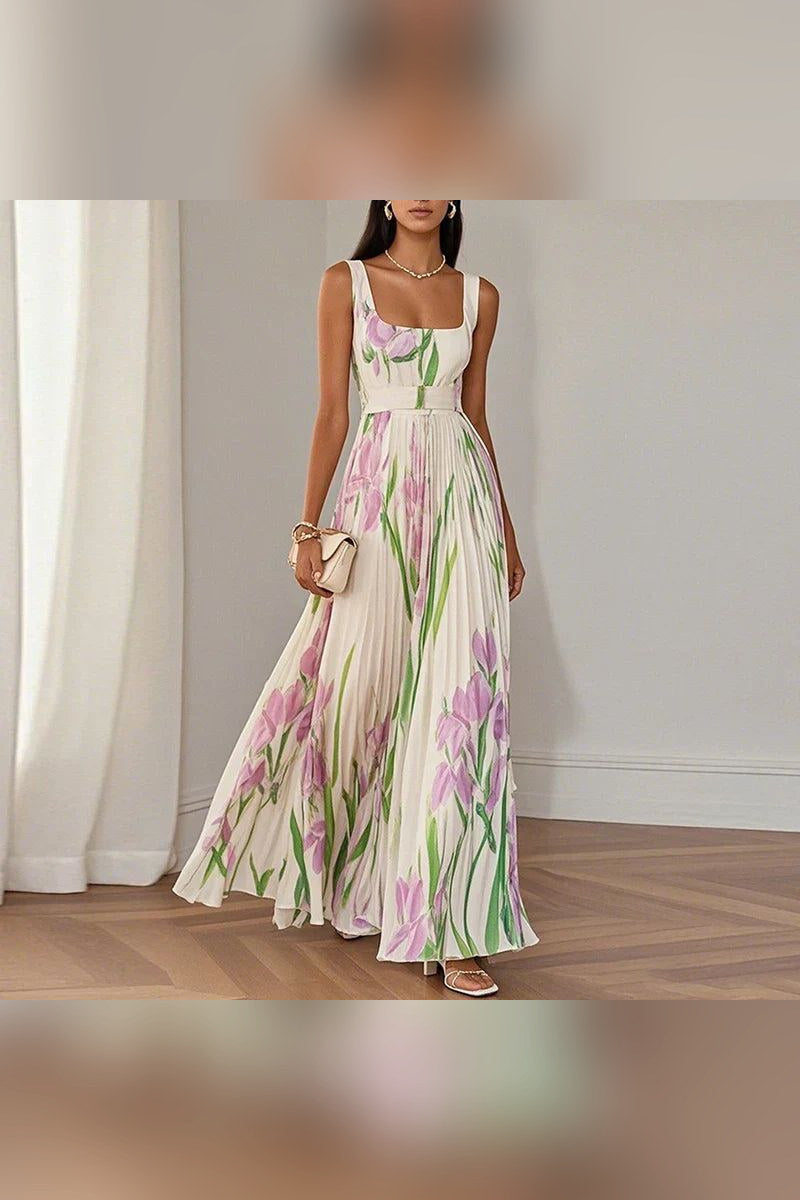 Vestido largo de línea A floral en rosa y violeta