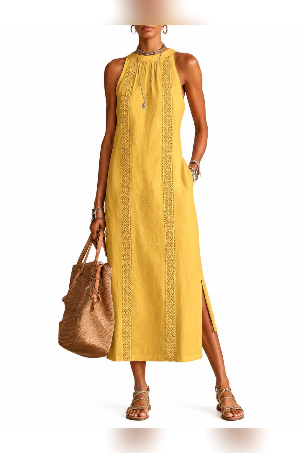 Vestido midi de cuello mao en dorado