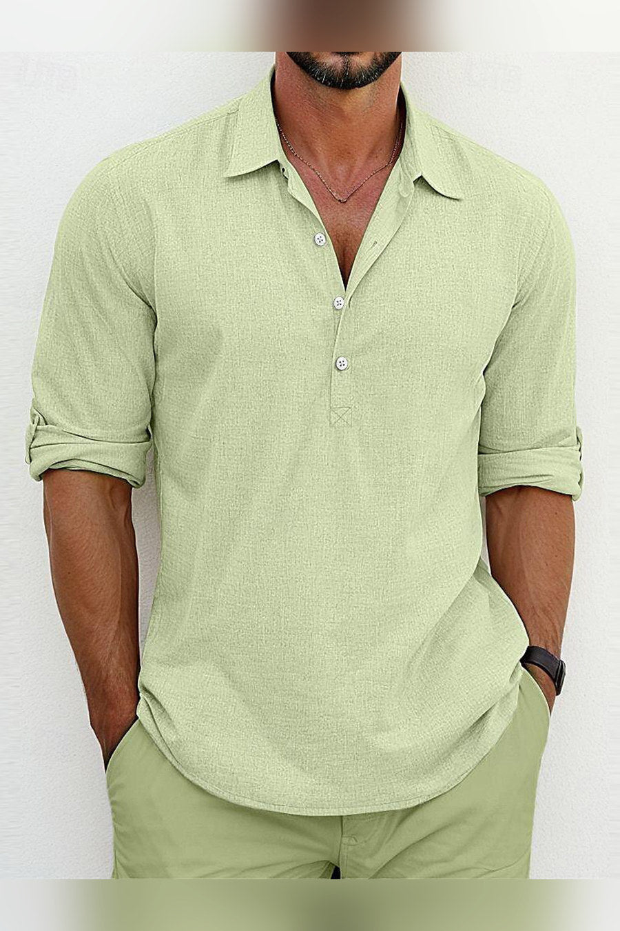 Camisa de lino de corte clásico en verde claro