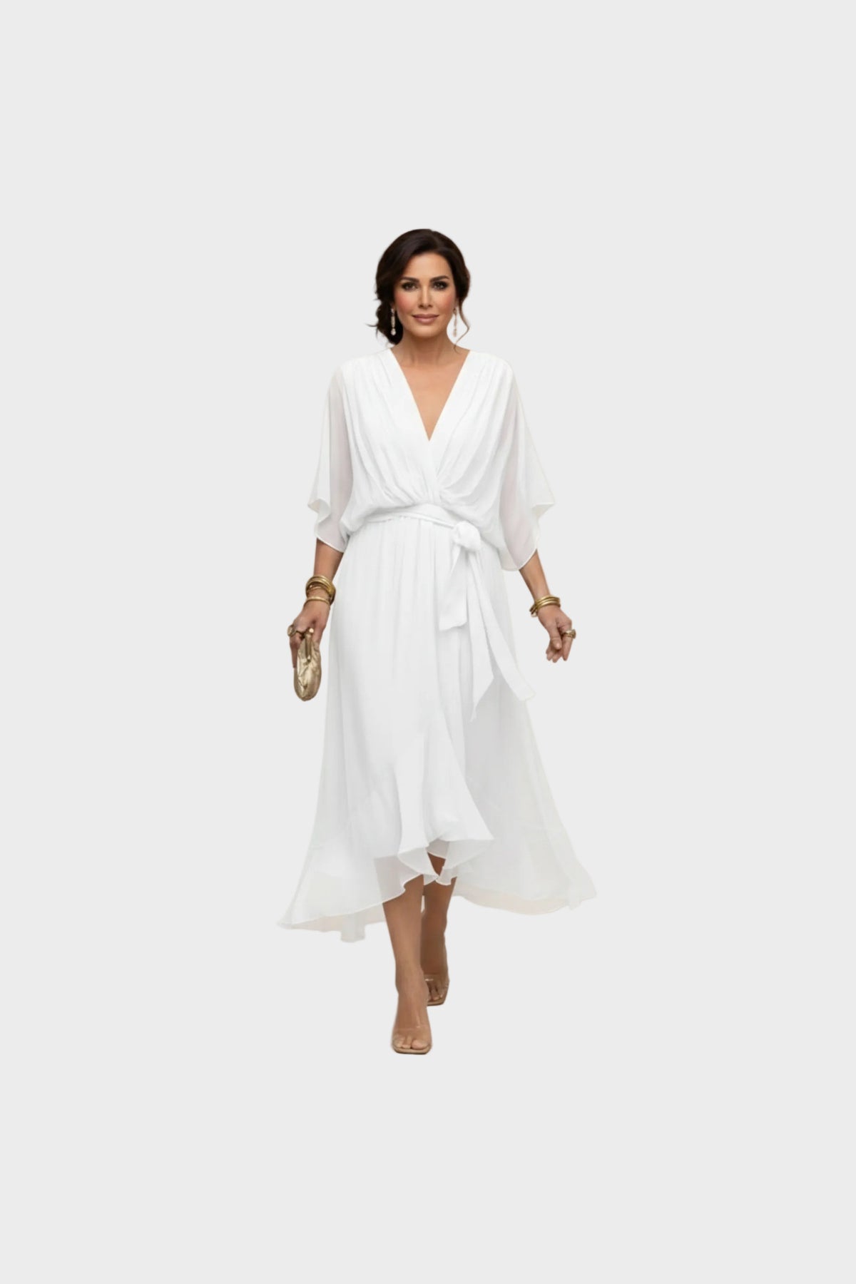 Vestido de gasa con escote de pico en blanco