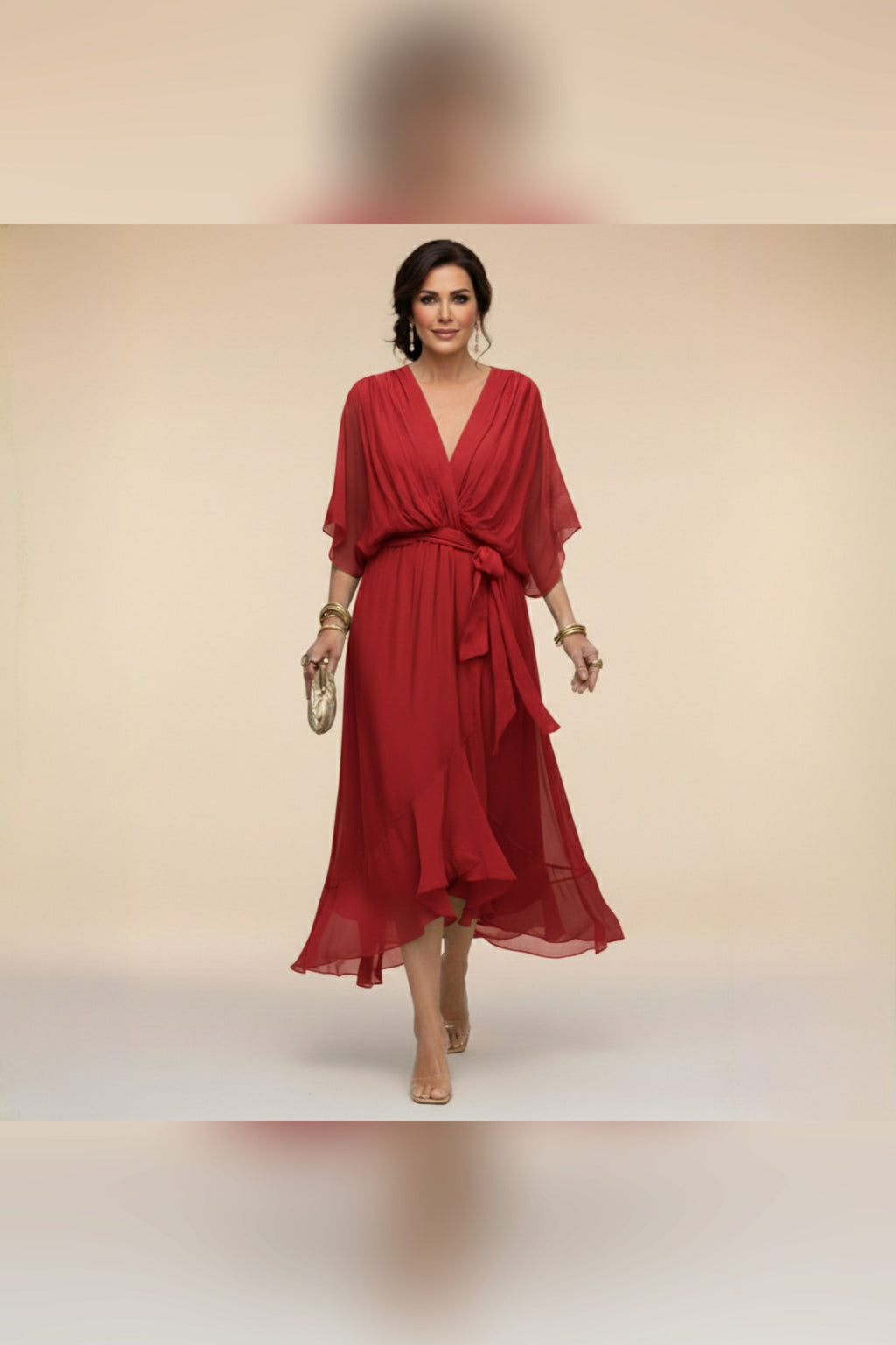 Vestido midi con cintura ajustable en rojo