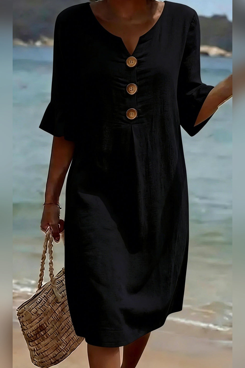 Vestido de algodón y lino abotonado en negro