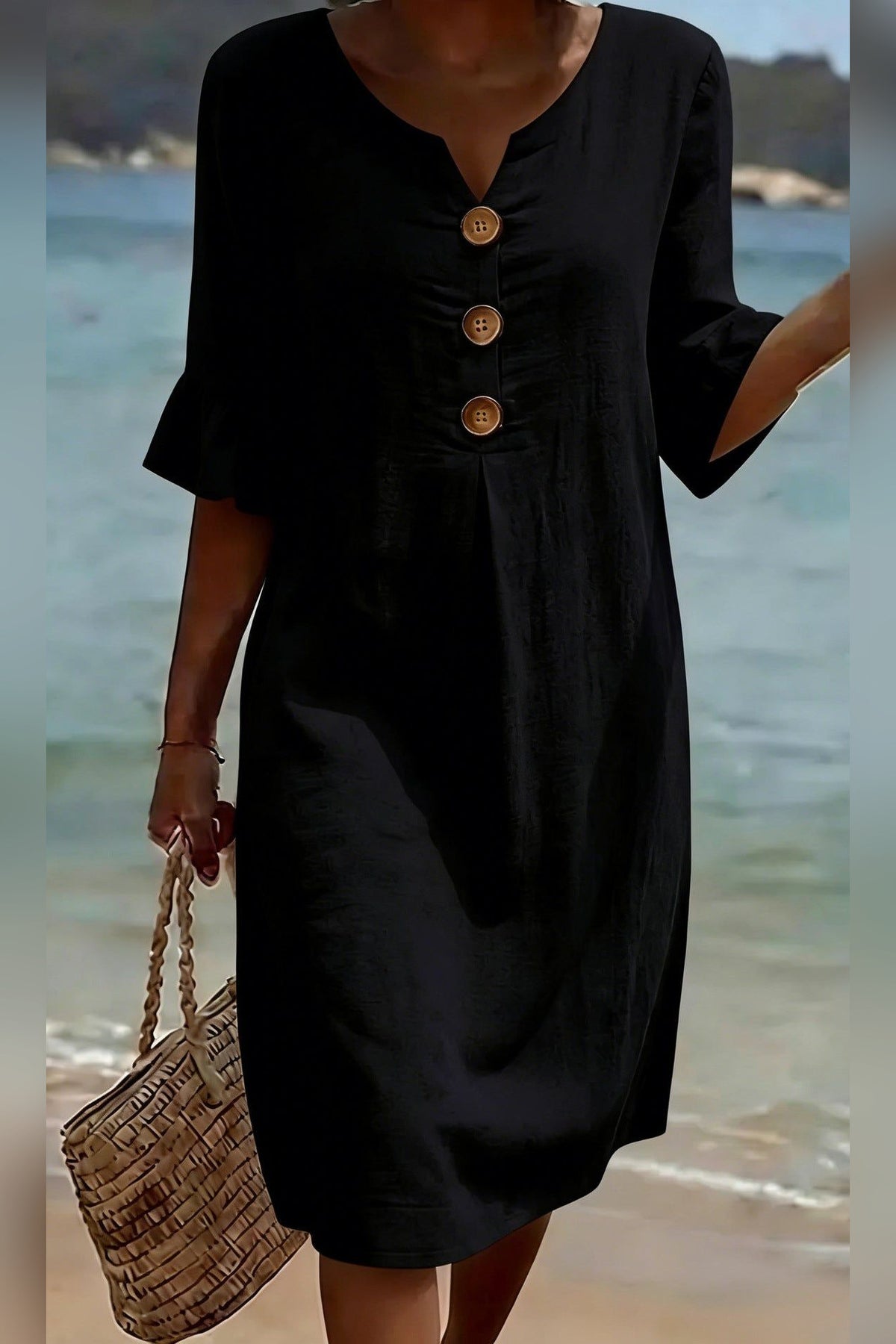 Vestido de algodón y lino abotonado en negro