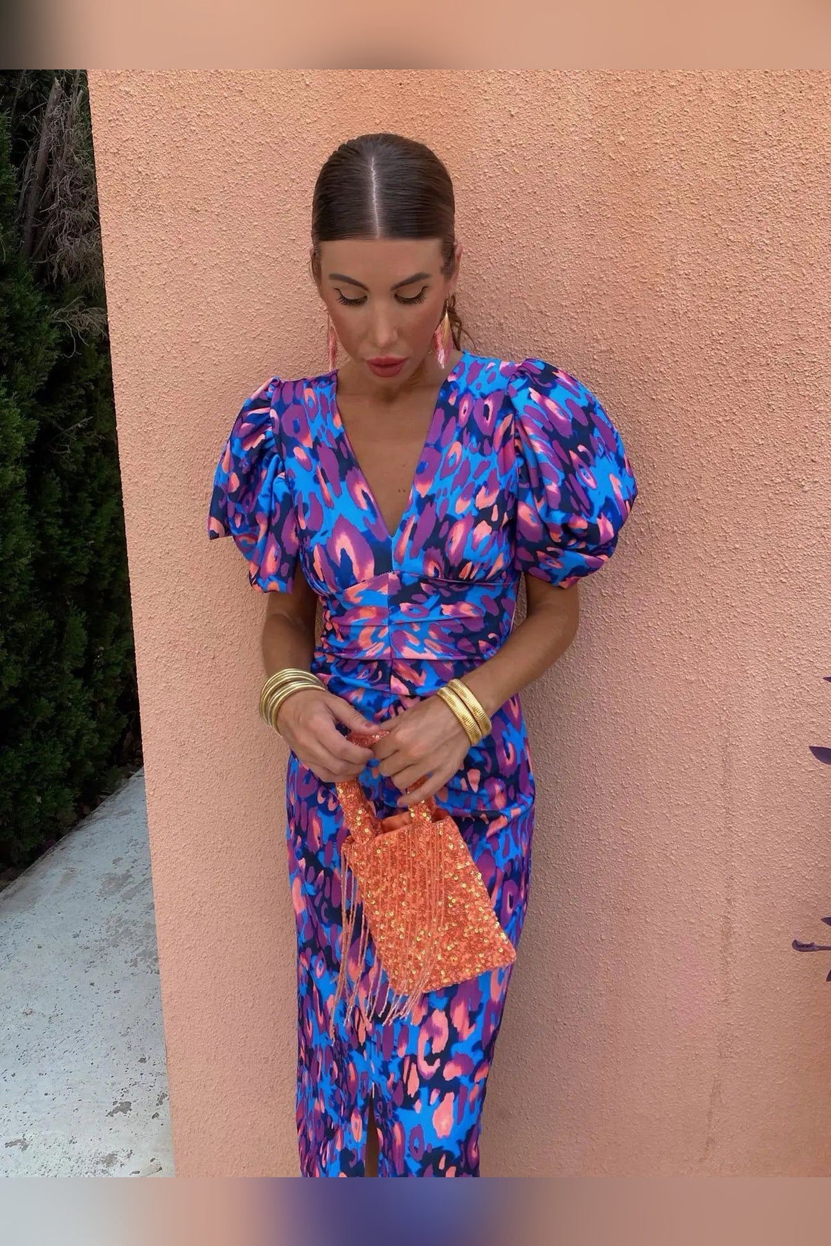 Vestido de manga abullonada en violeta/azul