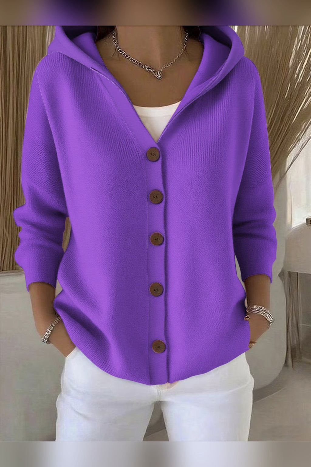Chaqueta de punto con capucha en morado
