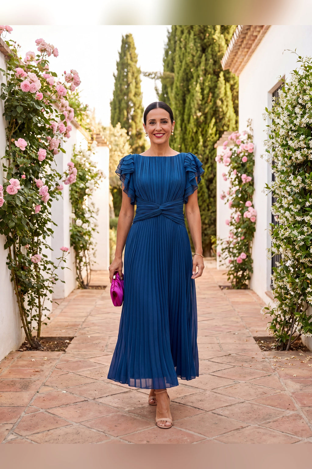Vestido largo plisado con cintura anudada en azul