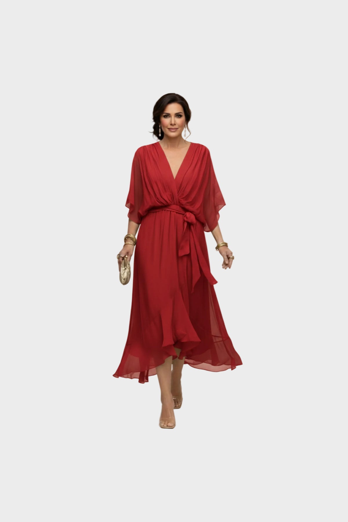 Vestido de gasa con escote de pico en rojo