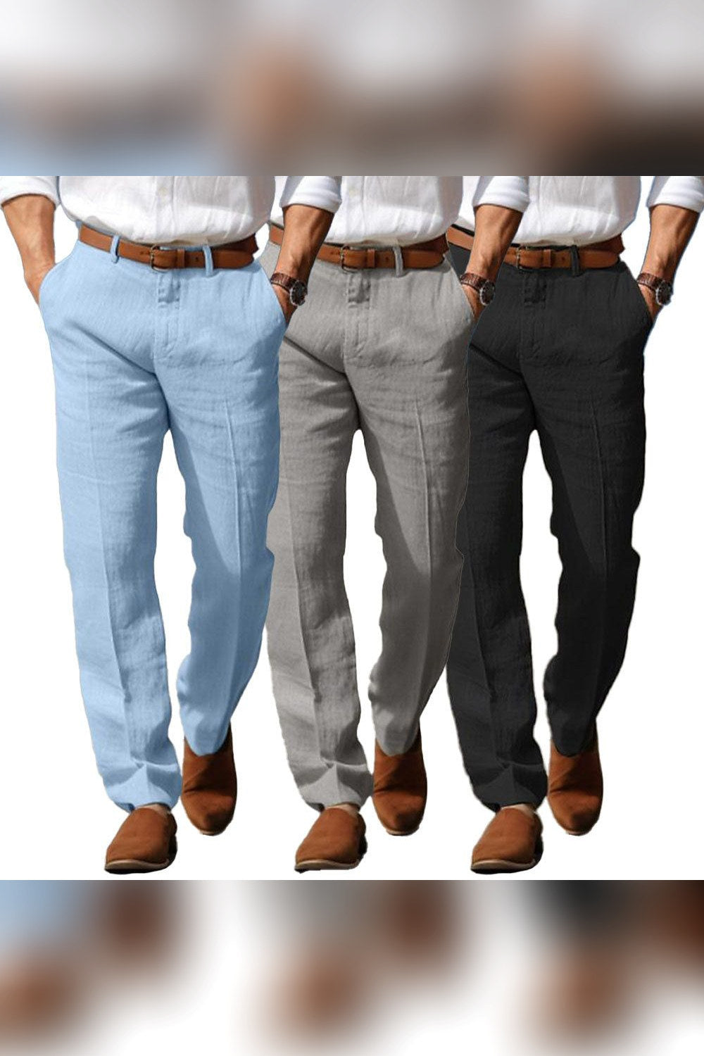 Tres tonos del pantalón de lino, uno al lado del otro