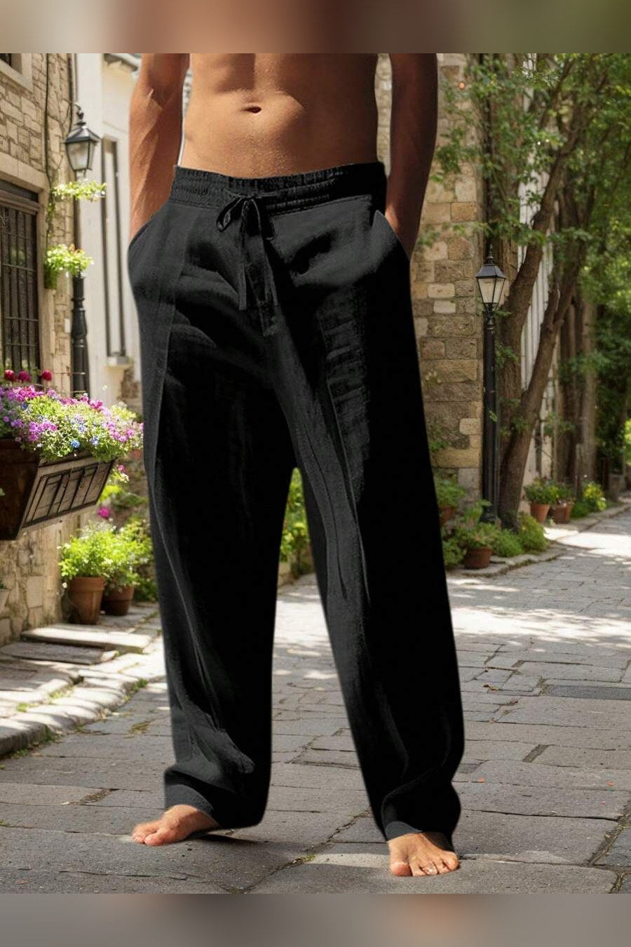 Pantalón de lino con cordón en negro