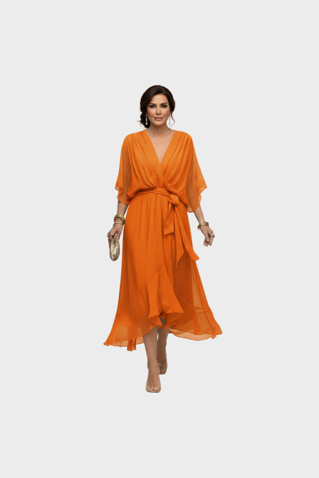 Vestido de gasa con escote de pico en naranja
