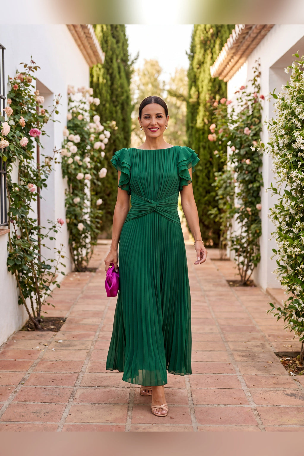 Vestido largo plisado con cintura anudada en verde