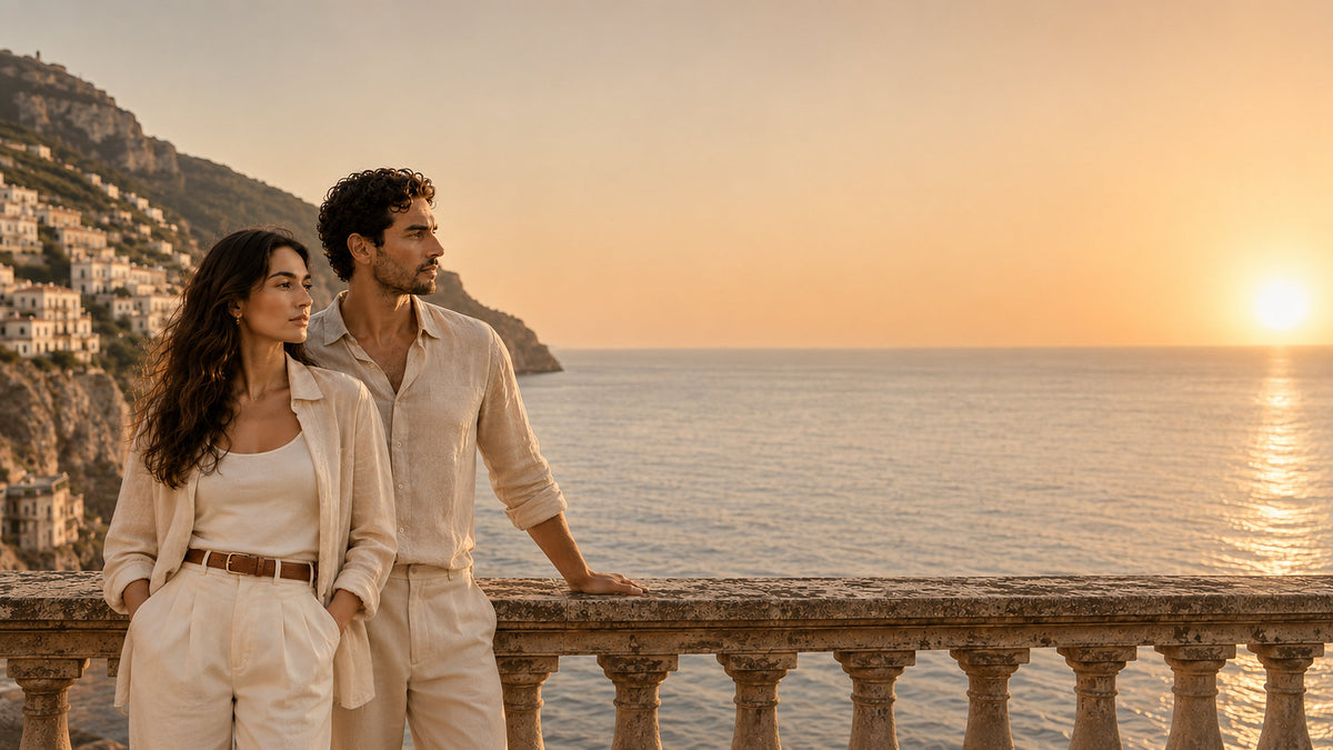 Pareja vestida de lino claro al atardecer, apoyada en una balaustrada de piedra frente al mar mediterraneo