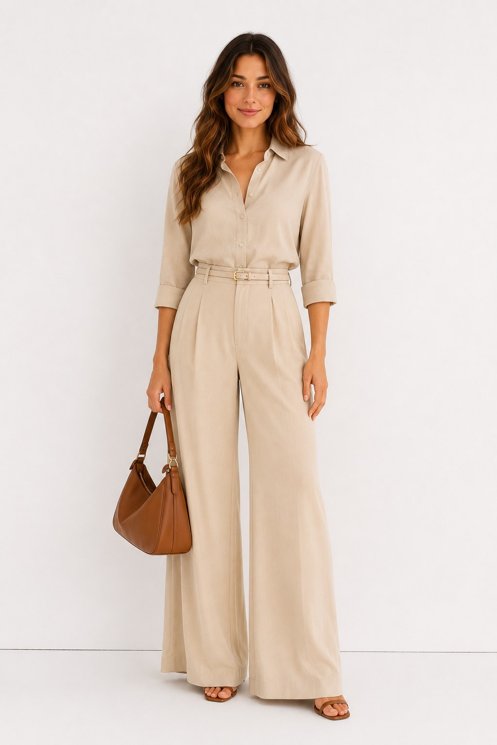 Conjunto de top y pantalón palazzo en arena