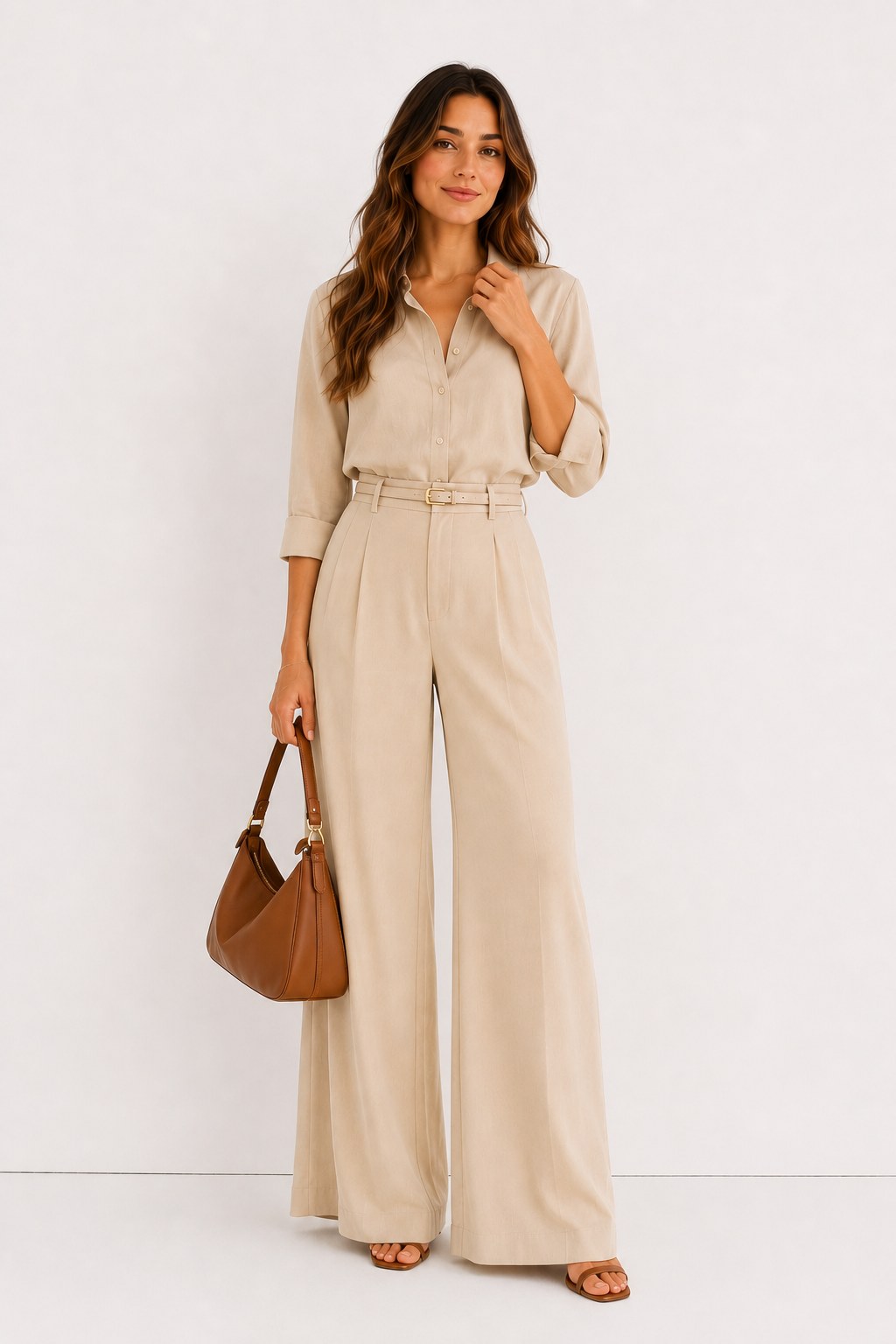 Conjunto de top y pantalón palazzo en arena