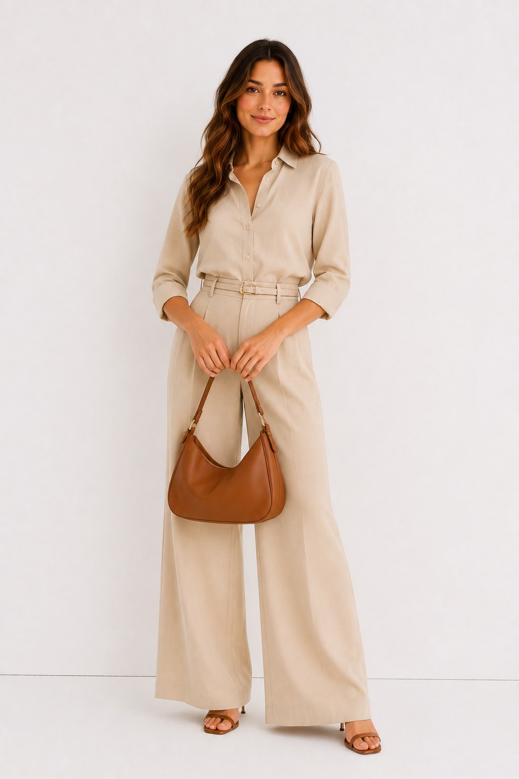 Conjunto de top y pantalón palazzo en arena
