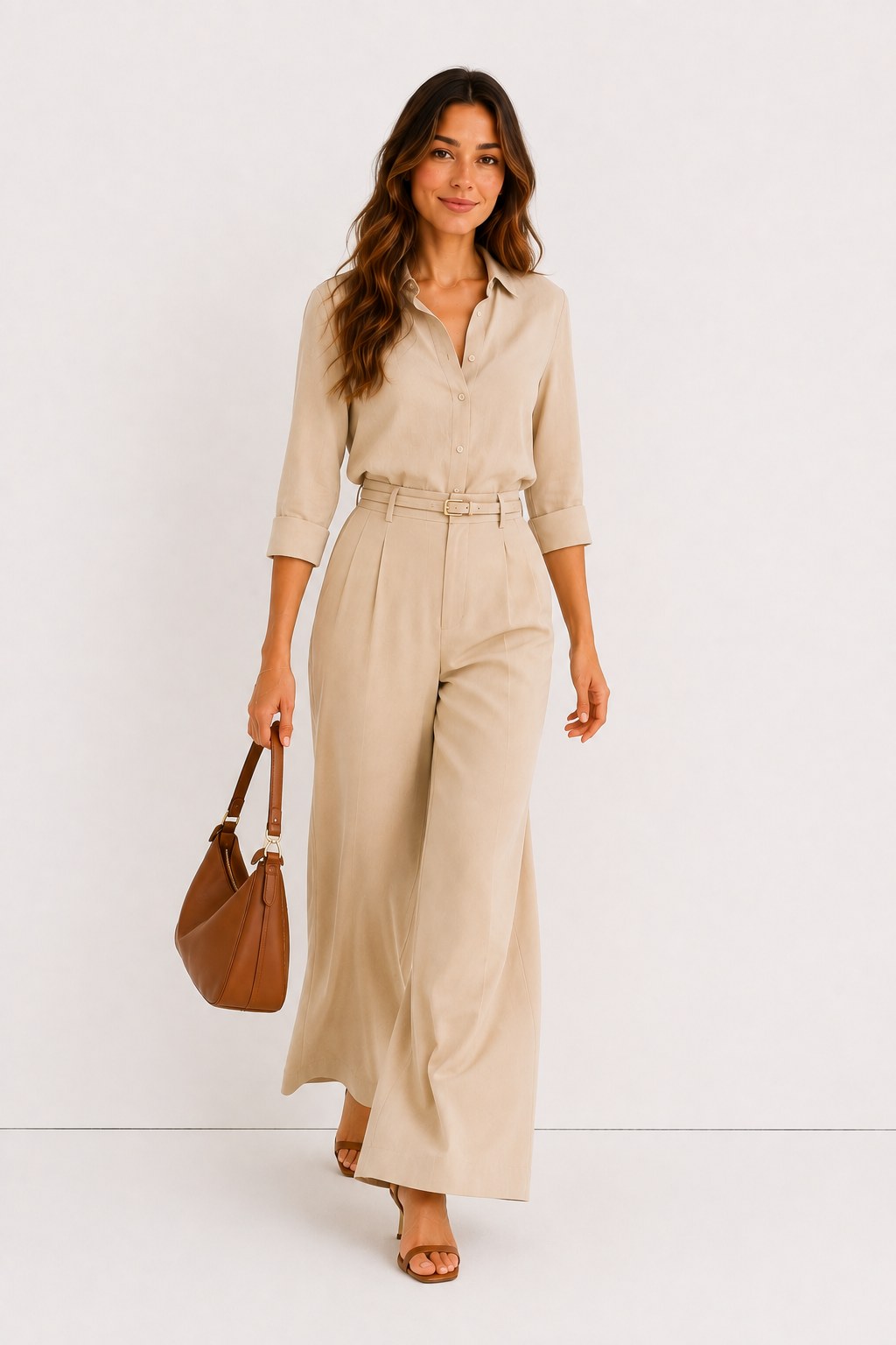 Conjunto de top y pantalón palazzo en arena