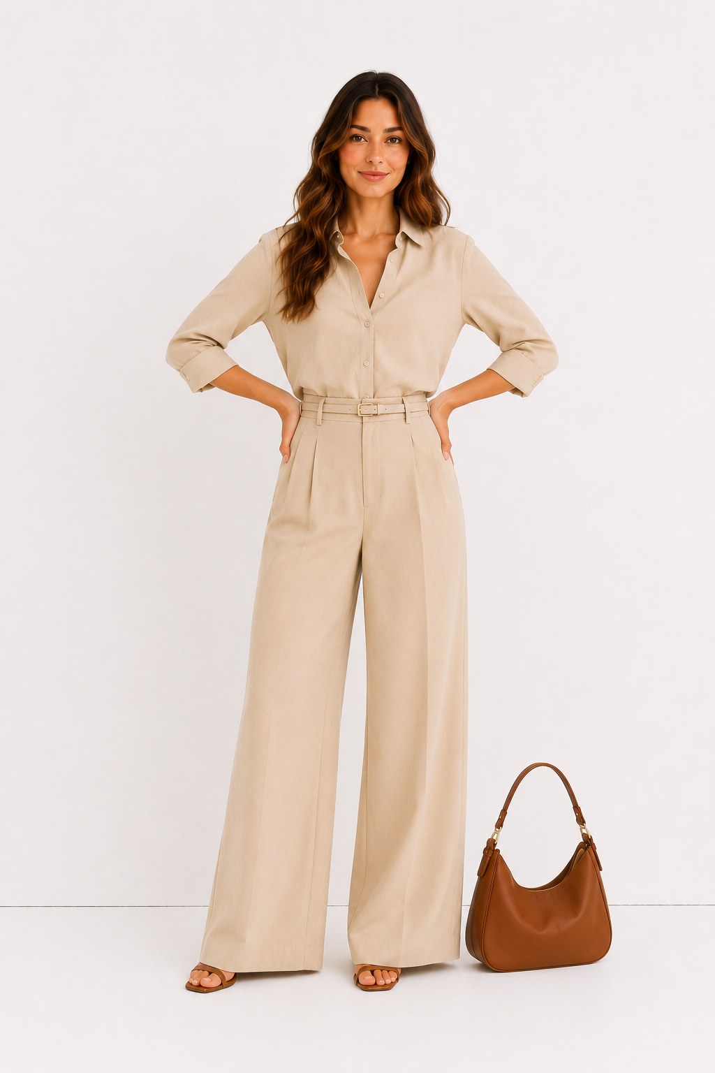 Conjunto de top y pantalón palazzo en arena