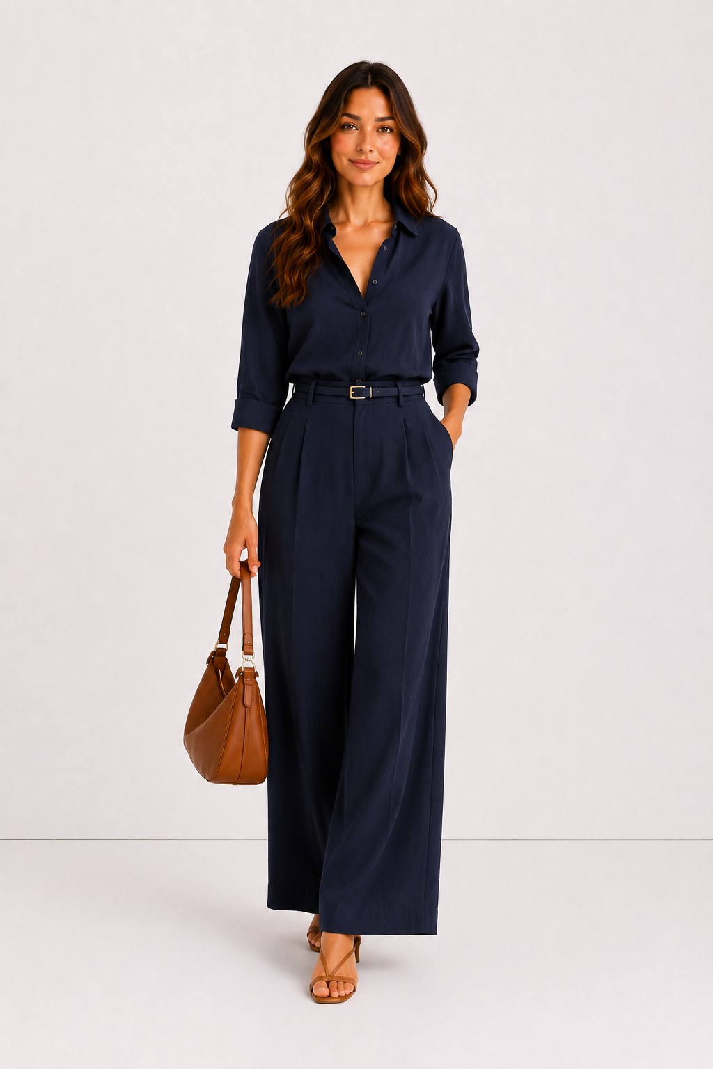 Conjunto de top y pantalón palazzo en marino