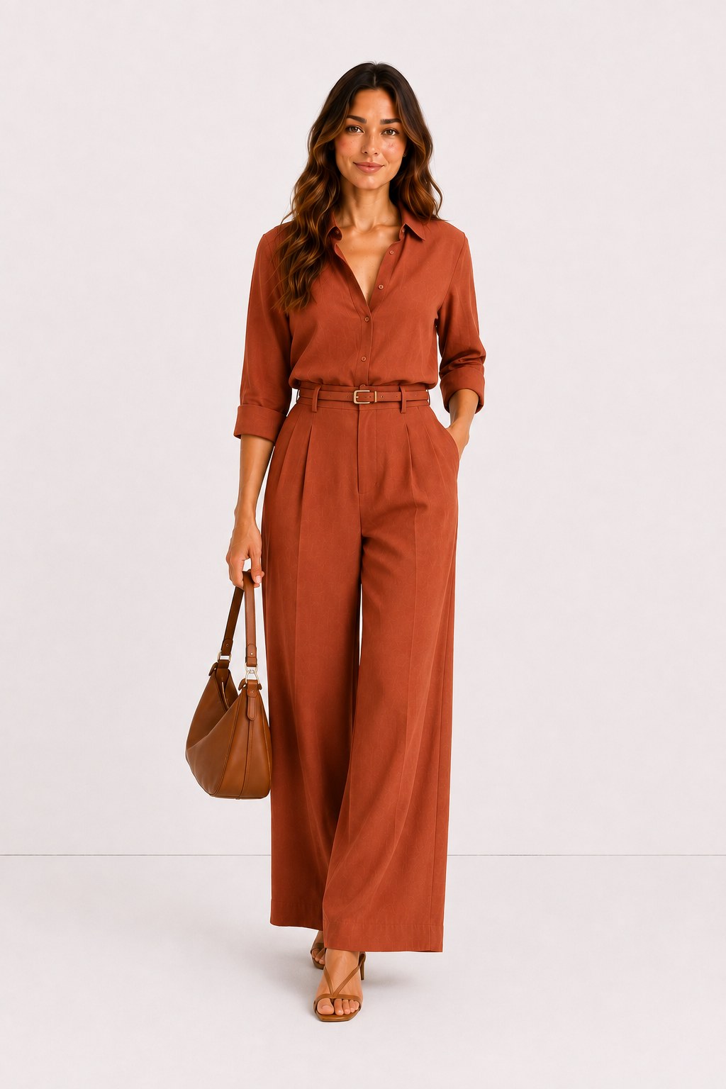 Conjunto de top y pantalón palazzo en terracota