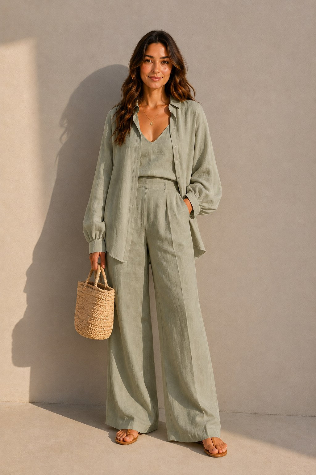 Conjunto de tres piezas en lino en salvia