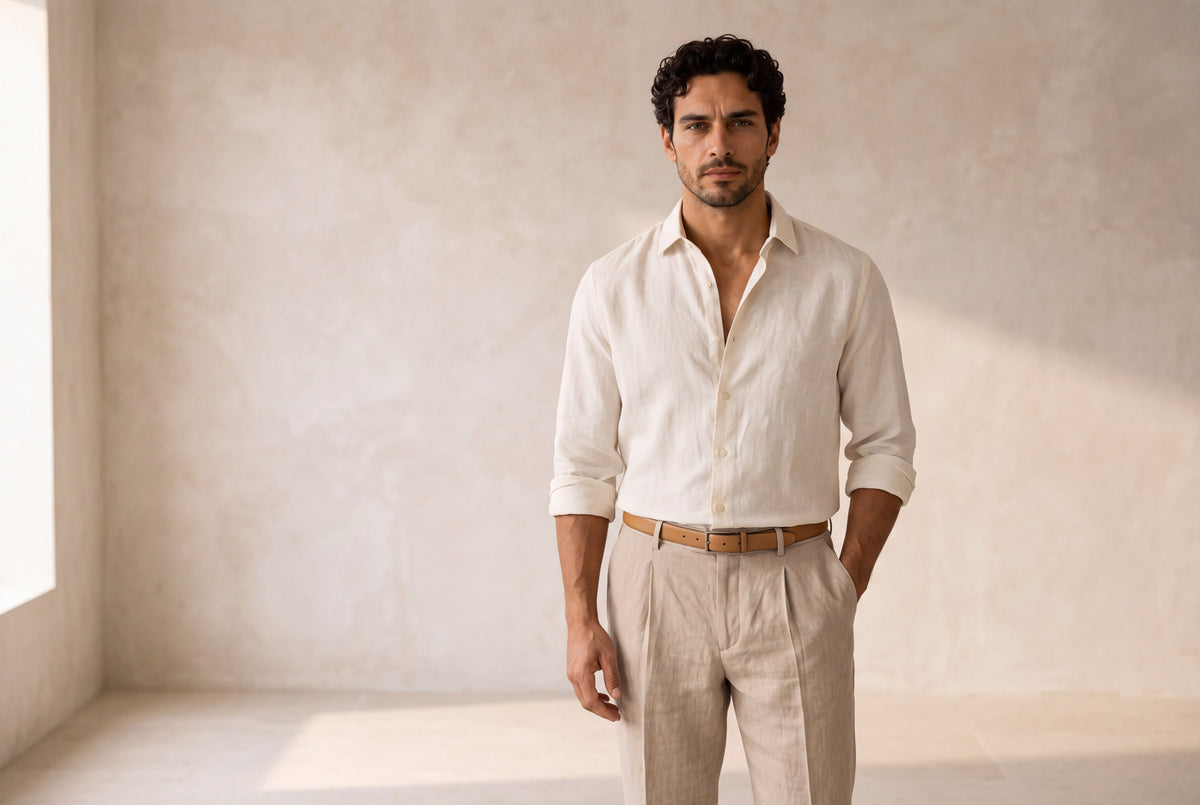 Juan, con camisa y pantalón de lino, en el estudio de SOLAZ