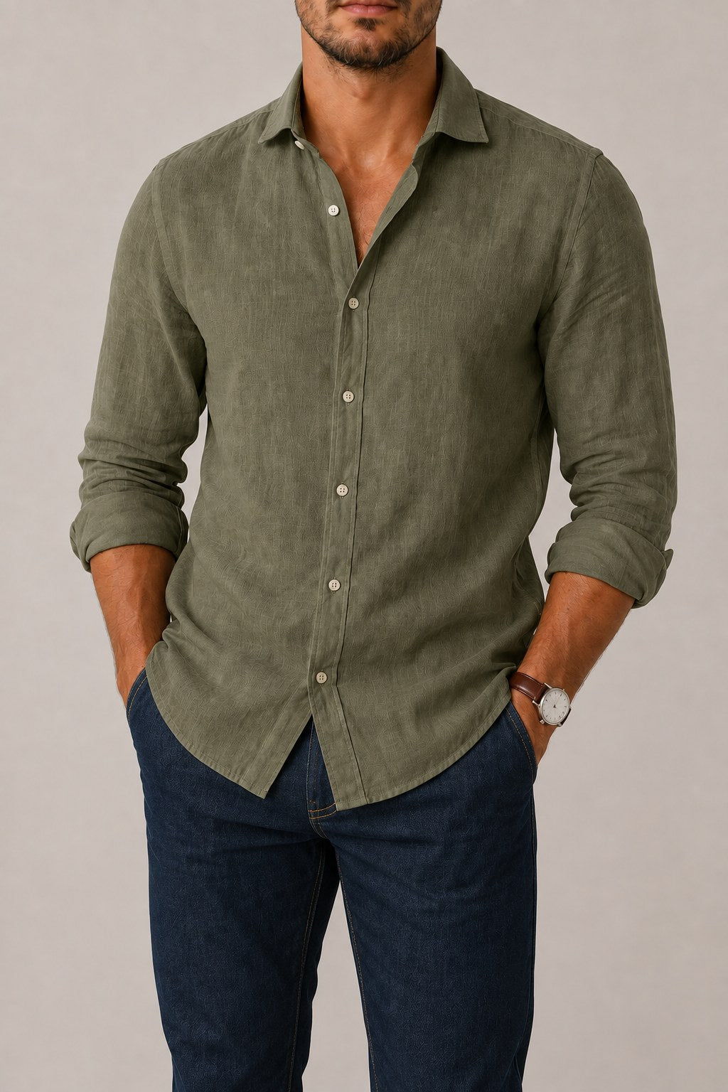 Camisa de lino esencial en verde oliva