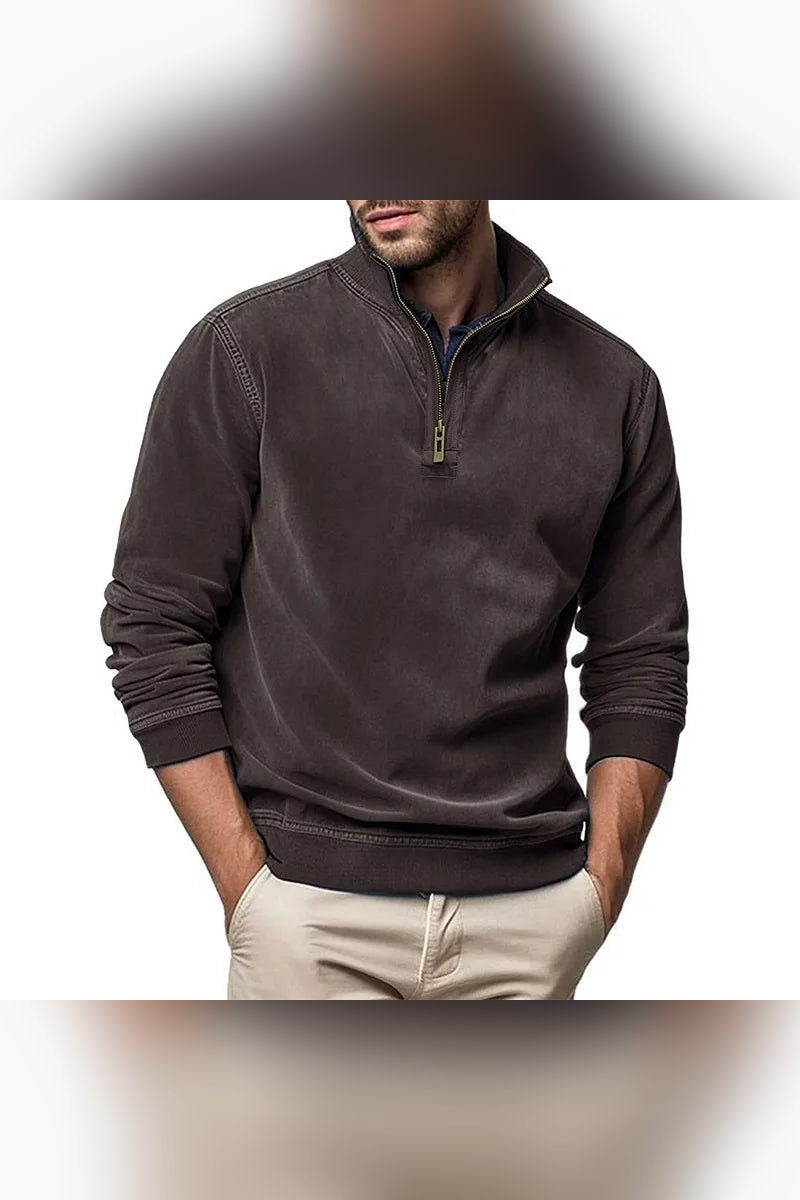 Sudadera de efecto lavado con media cremallera en marrón oscuro