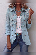 Chaqueta de cachemira vintage con volantes en azul claro