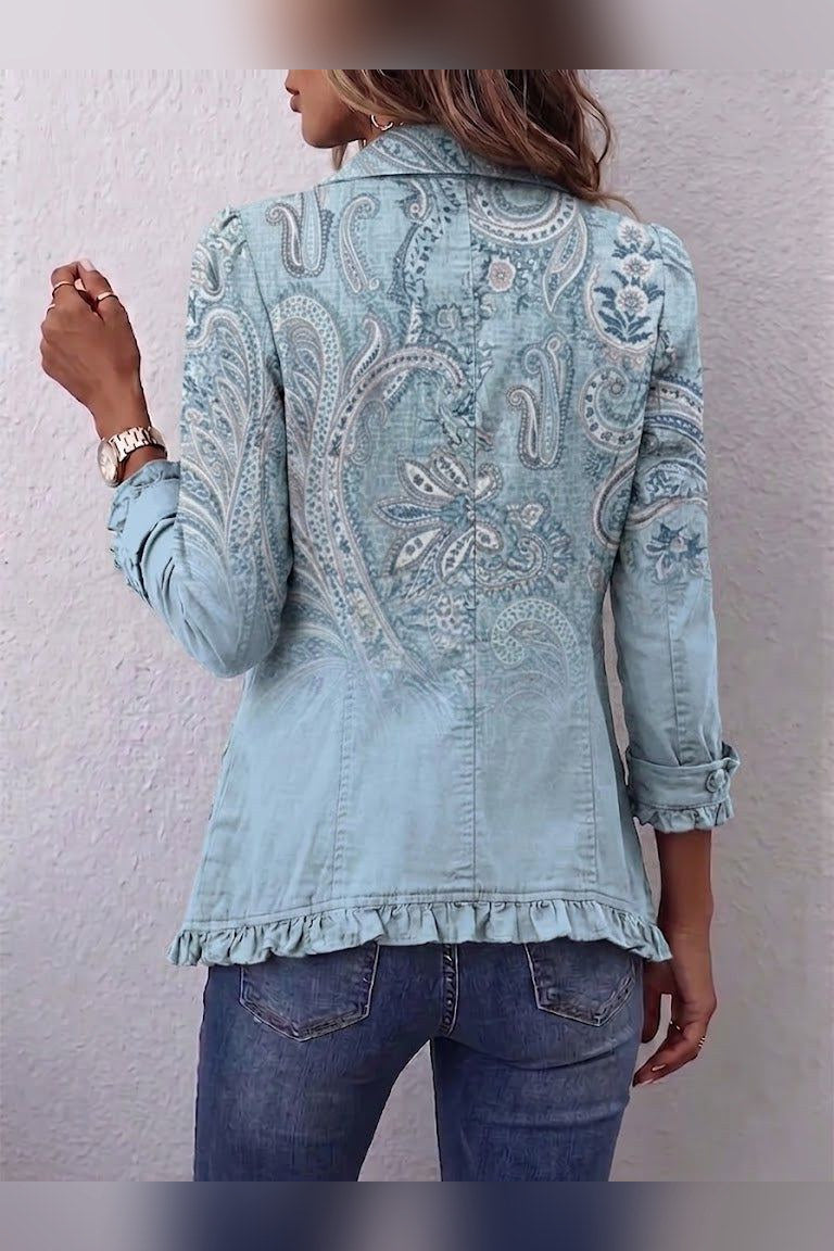 Chaqueta de cachemira vintage con volantes en azul claro