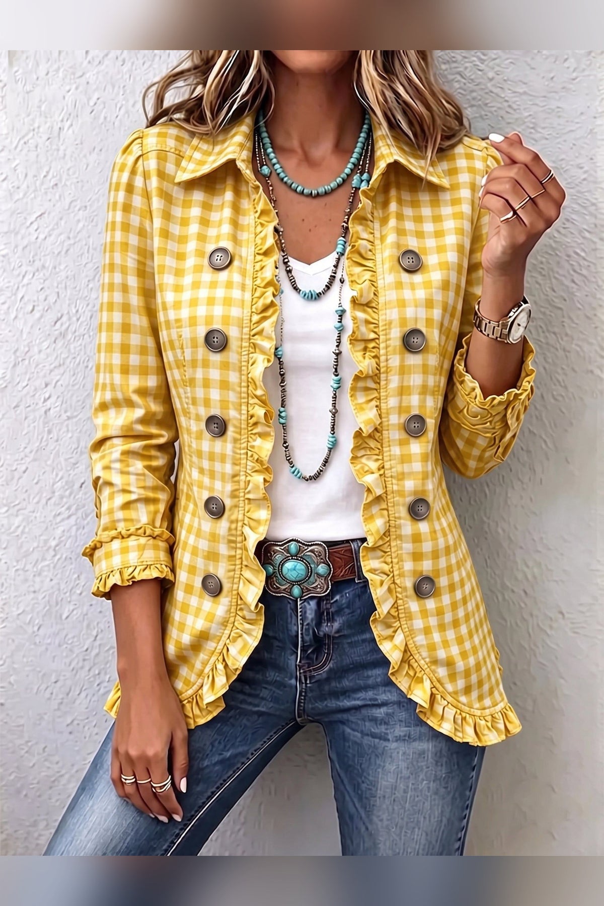 Chaqueta de cuadros vichy con volantes en amarillo
