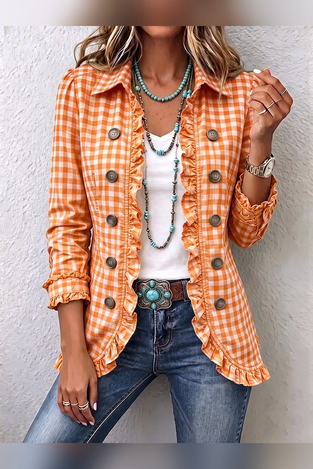Chaqueta de cuadros vichy con volantes en naranja