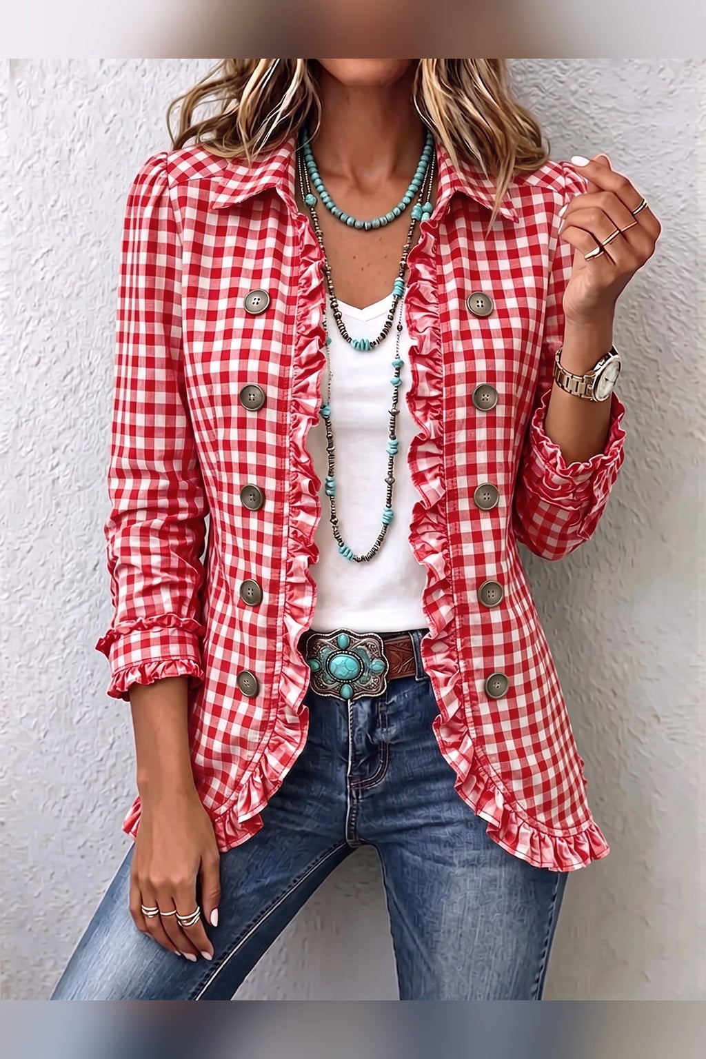 Chaqueta de cuadros vichy con volantes en rojo