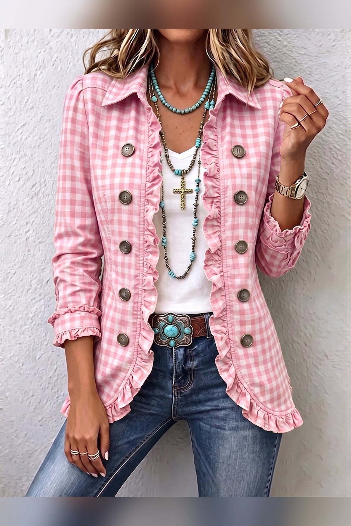 Chaqueta de cuadros vichy con volantes en rosa
